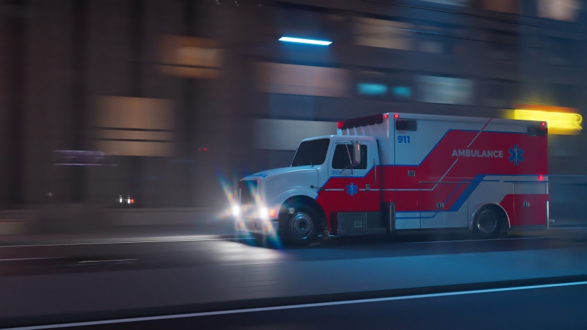 Animation of the ambulance on the signal goes through the city. Fast emergency vehicle at the night street. Motion blur of neons and traffic lights. Medical service in their way to the hospital. Side
 Royalty-Free Stock Footage #1061405329