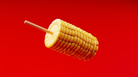 Seamless looping animation of eating corn on the cob. Boiled sweetcorn on wooden skewers. The delicious salty snack on a stick. Tasty vegetarian fast-food on a vibrant red background. Cheerful colours