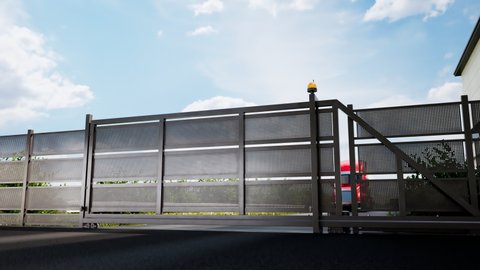 Red truck with heavy cargo pulling up to the remote gateway. The gate opens and a giant lorry leaves the parking. Road transport and shipping from the warehouse. Vehicle fleet management. Logistics.
