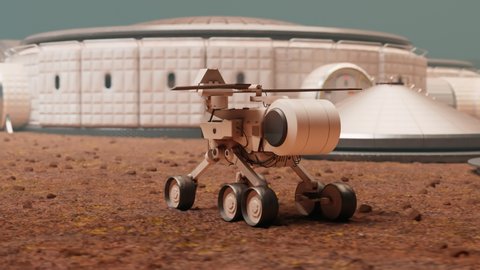 Planetary rover heading to cosmic base at the alien planet. The solar power robot moving fast through the rocky desert. Test vehicle returns to the space base. Cosmic research. Science mission.
