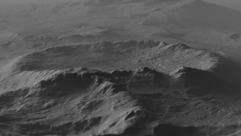 Monochromatic animation of mars or moon surface in space. Lunar landscape. Camera zooming out of a crater on a planet, moon, other celestial body. Concept of space discoveries and exploring the cosmos