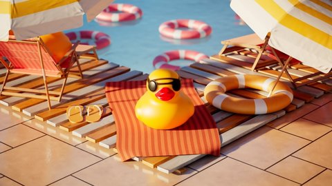 Rubber duck in sunglasses in relaxation zone in the swimming pool. Cute yellow toys on a beach towel and sunbeds under umbrellas. Floating life rings and ducks in the background. Joyful atmosphere.

