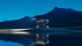 Planetary rover finding alien spacecraft while exploring the planet. The solar power robot discovered splashed down spaceship. Test vehicle during the researches. Beautiful landscape into the night
