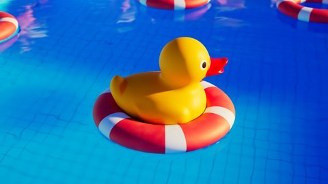 Rubber duck on life ring floating in the swimming pool. Camera panning down. Cute yellow toy in the water. Relaxation zone with sunbeds and umbrellas in the background. Joyful and cheerful atmosphere

