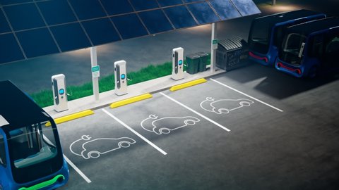 Electric minibus charging station. A vehicle stopped at the parking to charge the battery.  Concept of the environment-friendly car. The electric car is plugging into electricity. Electromobility.
