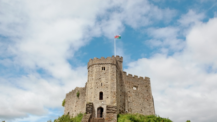 Close-up shot of Cardiff Castle in Wales, UK on a glorious sunny day. The castle construction dates back to 1081
