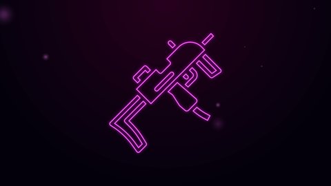 Glowing neon line MP9 submachine gun icon isolated on black background. Automatic weapon. 4K Video motion graphic animation.