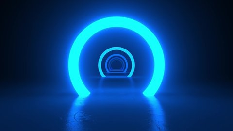 Circles neon blue light in black hall room. Abstract sci fi geometric background. Corridor. Futuristic concept. Glowing in concrete floor room with reflections. Moving forward. 3d animation loop of 4K