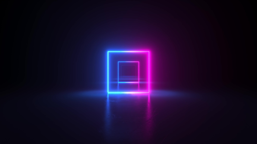 Neon light frames glowing in duotone colors. Pink and blue.  Abstract geometric background. Energy square. Glowing in concrete floor room with reflections. Moving forward. 3d animation loop of 4K Royalty-Free Stock Footage #1061410792