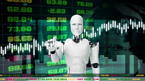 Futuristic robot, artificial intelligence CGI for stock exchange market trading . Robotic man 3D render animation .