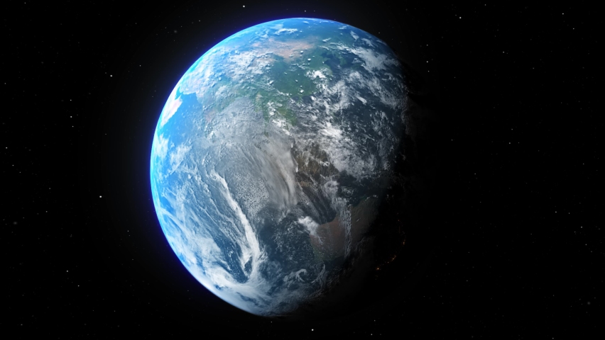 Beautifully rendered, 3D computer-generated simulation of the planet Earth from space, giving a classic view of the planet, with hazy atmospheric glow