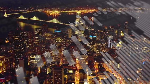 Double exposure of Forex candles and graphs on San Francisco night skyline, Illustration of the Stock exchange and economy in bull market - 3D motion graphics animation