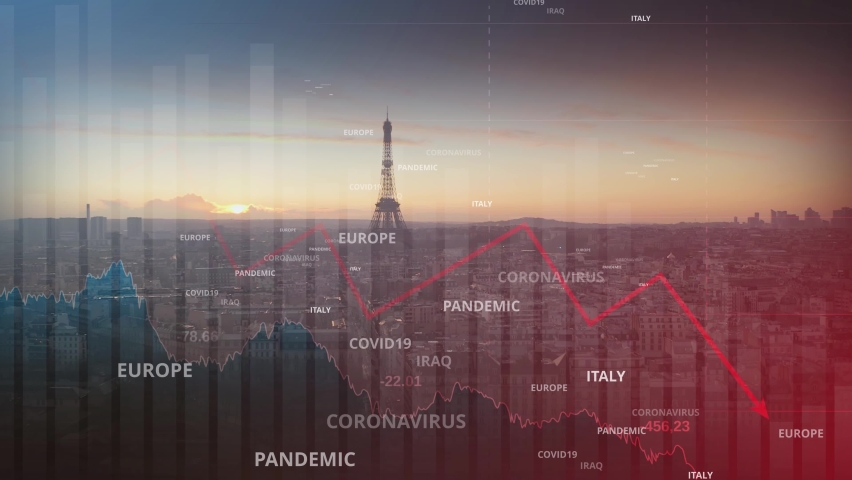 Covid-19 causing a the economics and share prices to decline, European stock market in bear mode, double exposure, with the Eiffel tower and Paris city in the background - 3d render animation Royalty-Free Stock Footage #1061423194