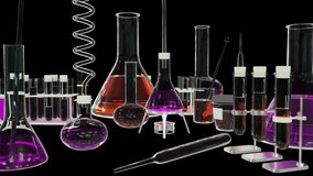 Lab proofs and other chemical glassware isolated on black background - coronavirus vaccine concept, biotechnology background in 4K 60fps video UHD 3D animation