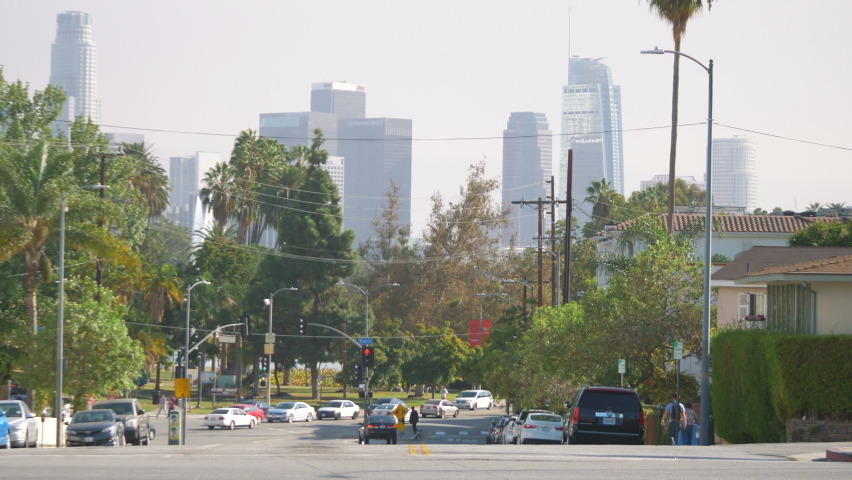 Street in Los Angeles with downtown view in 4k slow motion 60fps