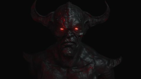 Animation of the appearance of a devil from the darkness or fire. Horror or religion scene.