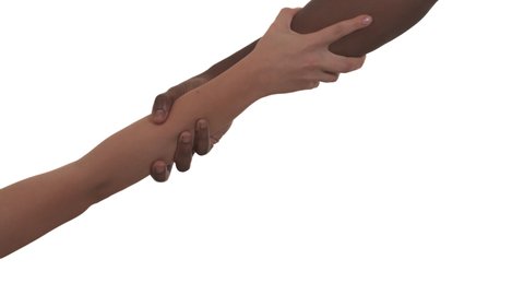 Close up of reaching out hands of unrecognizable African American man and Caucasian woman. Guy unsuccessfully trying to pull lady out. Isolated on white background.