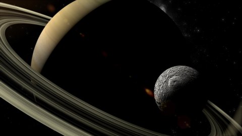 Dramatic 3D CGI space scene orbiting closely towards Saturns moon, Mimas, with the planet and its iconic rings dominating the background.