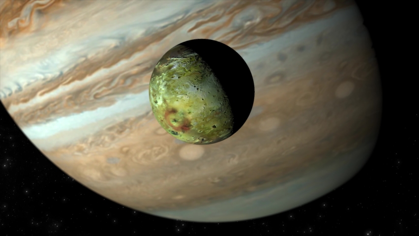 High quality and detailed 3D CGI space scene of Jupiter�s moon Io, with the looming shape of Jupiter in the background