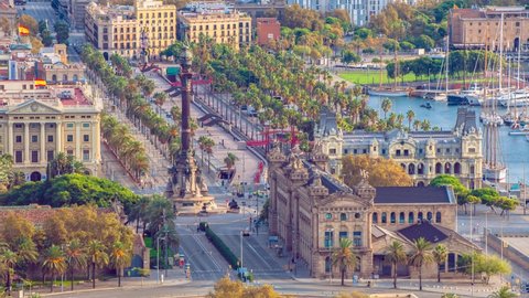 Aerial view at the end of Barcelona´s Rambla joining the monument of Columbus  pointing to the old port