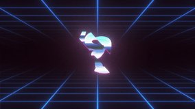 Retro wave style background. 90’s sign with glitch flickering effect. VHS tape noise texture. Dynamic wireframe grid or tunnel motion. Cyberspace. Synthwave, vaporwave. Retro, vintage animation in 4K