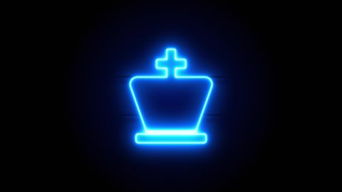 Chess King neon sign appear in center and disappear after some time. Animated blue neon symbol on black background. Looped animation.