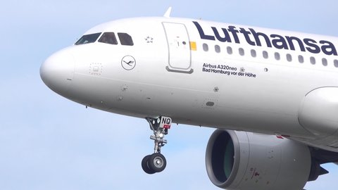 Frankfurt, Germany – 24 October 2020: An Airbus A320Neo of Lufthansa landing at Frankfurt Airport (FRA) in Germany. Airbus is an Aircraft manufacturer from Toulouse, France.