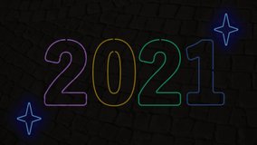 2021 Happy New Year. Happy New Year 2021 neon sign background.. Animation 4K. 