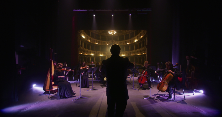 Back View Cinematic shot of Conductor Directing Symphony Orchestra with Performers Playing Violins, Cello and Trumpet on Classic Theatre with Curtain Stage During Music Concert Royalty-Free Stock Footage #1061452294