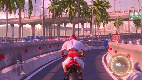 Speed Moto Bike Racing 3d Video Game Imitation With Interface. Bikes Compete On The City Bridge Road. Gameplay Screen. First Place Winner