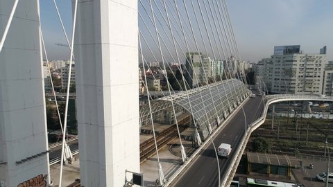 
Bucharest, Romania - October 2020: Traffic on the Basarab Suspended Bridge on a sunny day.
