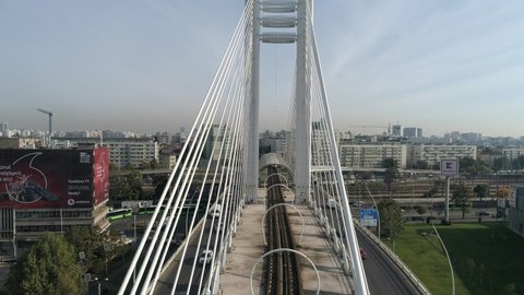 Bucharest, Romania - October 2020: Traffic on the Basarab Suspended Bridge on a sunny day.