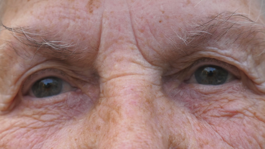 Close up gray eyes of elderly grandmother stares and blinks with happy sight. Portrait of wrinkled female face looks into camera with positive emotions. Facial expression of smiling grandma Royalty-Free Stock Footage #1061452522