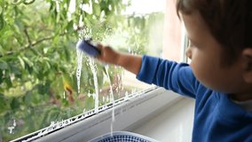 A small child washes the window. High quality video.