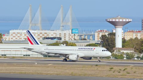 LISBON, PORTUGAL - 2020: Air France Airbus A320 Jet Airliner Taxiing at Lisbon Humberto Delgado Portela International Airport Ground on a Blue Sky Sunny Day