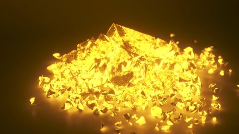 A cube of bright glowing stone shatters into thousands of small pieces in slow motion. Destruction concept