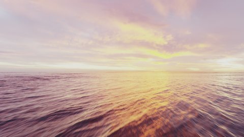 Drone flight over sea, sunset aerial shot slide ocean surface in sunrise golden hour. Dynamic shot with cinematic camera tilt, sun on horizont, pink sky, 3D