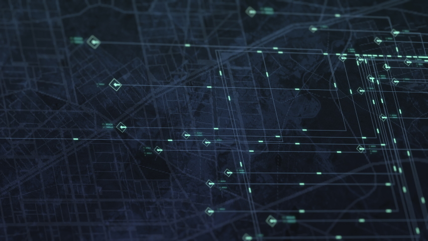 Map city view with connections. Flat vector graphs and charts with data points, indicators. Satellite map view. Global Network. Business Transfer scheme or matrix. Futuristic interface 4K 3D Animation | Shutterstock HD Video #1061471077