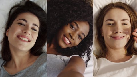 Collage of multi-ethnic diverse women in good mood at home. POV of beautiful Caucasian girl lying in bed. Close up of pretty joyful African American young female giving air kisses. Selfie foto concept
