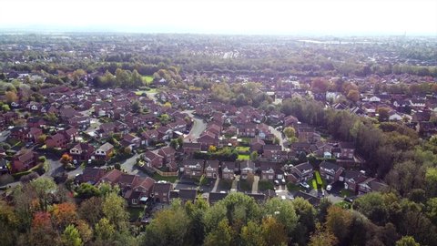 Aerial Overhead Drone Shot over UK Town Houses and Trees (4K)