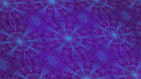 Digital animation of blue kaleidoscopic shapes moving in hypnotic motion against purple background. movement concept digitally generated video