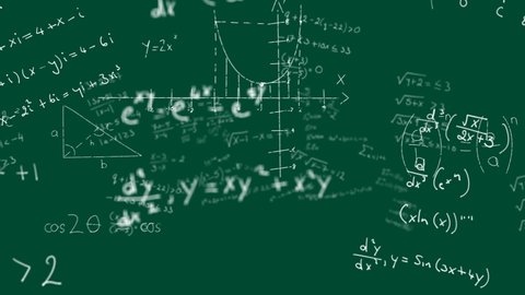 Animation of multiple handwritten mathematical equations moving over green background. Global science learning education concept digitally generated image.