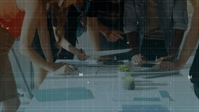Animation of digital interface with grid and data processing over colleagues talking during meeting. Global computer network technology concept digitally generated image. - Powered by Shutterstock - Get 15% off with code: PIKWIZARD15