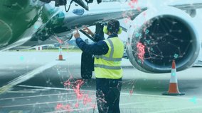 Animation of blue QR code with a floating red web of connections over an airport worker standing by an airplane. Digital composite video - Powered by Shutterstock - Get 15% off with code: PIKWIZARD15