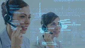 Animation of blue data processing over a multi-ethnic group of call centre workers talking on the phones, wearing headphones. Digital composite video - Powered by Shutterstock - Get 15% off with code: PIKWIZARD15