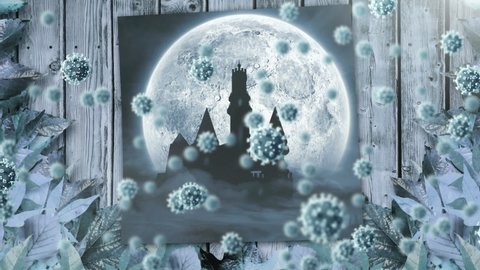 Animation of full moon and castle with multiple covid 19 cells floating on rustic background. halloween and coronavirus pandemic concept digitally generated image.