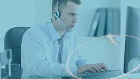 Animation of multiple white circles with a globe spinning over Caucasian male call centre worker talking on a phone, wearing headphones, smiling into the camera, digital composite video - Powered by Shutterstock - Get 15% off with code: PIKWIZARD15