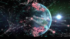 Animation of a blue QR code with a web of connection over a globe spinning with a bright light by it. Digital composite video - Powered by Shutterstock - Get 15% off with code: PIKWIZARD15