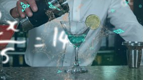 Animation of an orange QR code with mathematical equations floating over a bartender pouring a drink into a glass digital composite video - Powered by Shutterstock - Get 15% off with code: PIKWIZARD15