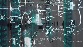 Animation of shapes and mathematical equations floating towards the camera over a room made of screens showing lines of numbers, data processing. Digital composite video - Powered by Shutterstock - Get 15% off with code: PIKWIZARD15